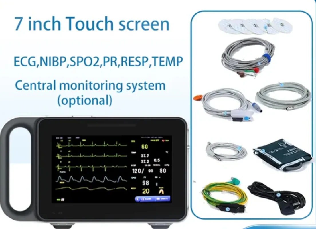 شاشة محمولة تعمل باللمس جهاز مراقبة المريض ، 6 معلمات ، ECG ، NIBP ، RESP ، SPO2 ، PR ، TEMP ، 7 بوصة ، بشري وطبيب بيطري