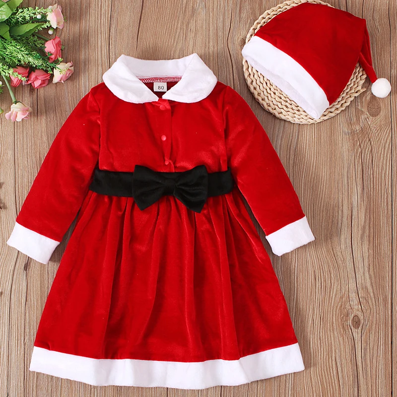 2Piece Sets Fall Winter Kids Girls Clothes Cute Doll Collar Corduroy Bow Princess Toddler Christmas Dress+Hat Baby Dresses BC704