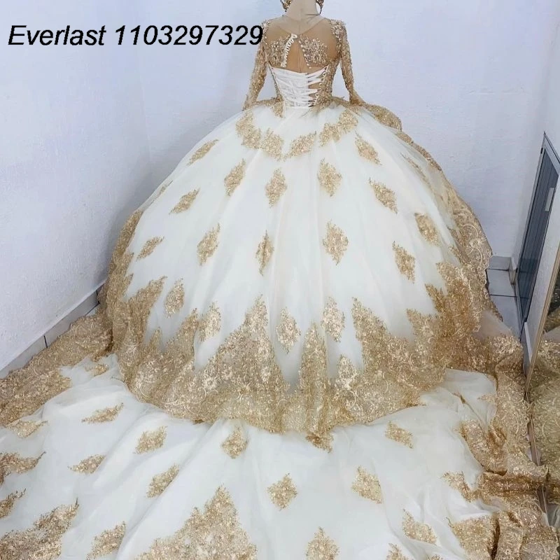 EVLAST Customized Quinceanera Dress Ball Gown Shiny Gold Lace Applique Beading Mexican Sweet 16 Vestidos De XV 15 Anos TQD690