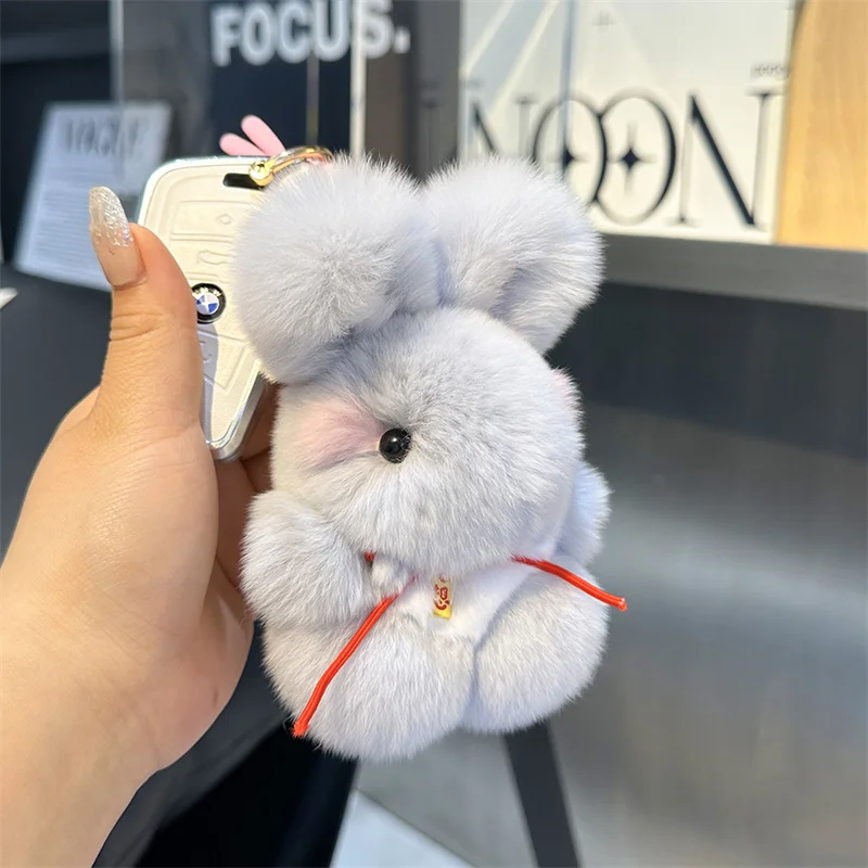 2024 Multicolor Rabbit Keychain Ring Fluffy Real Fur Pompom Bunny Trinket Key Chain Charm Cute Ring On Bag Car Key Pendnat image 2