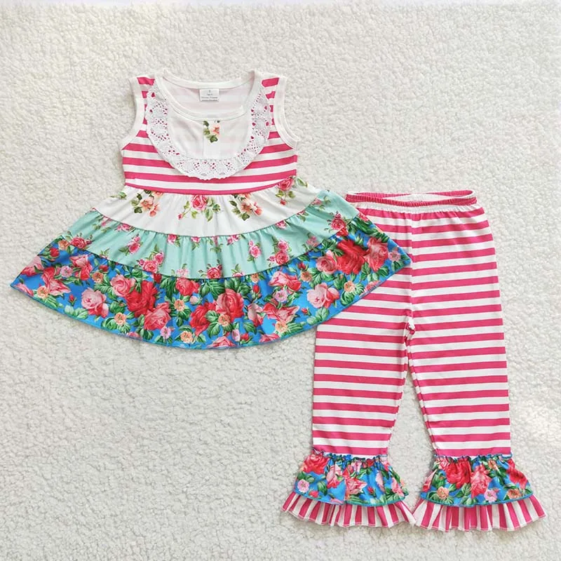 

Wholesale Children Flower Baby Girl Clothes Toddler Sets Kids Sleeveless Floral Ruffle Pink Stripe Capri Infant Outfit