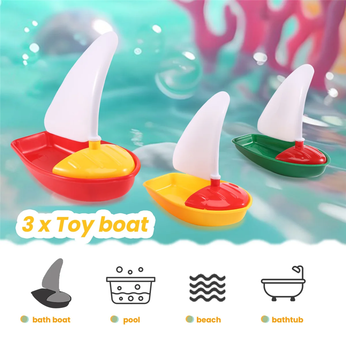 L68A3Pcs Bath Boat Toy Plastic Sailboats Toys Bathtub Sailing Boat Toys for Kids (Multicolor Small+Middle+Large Size)