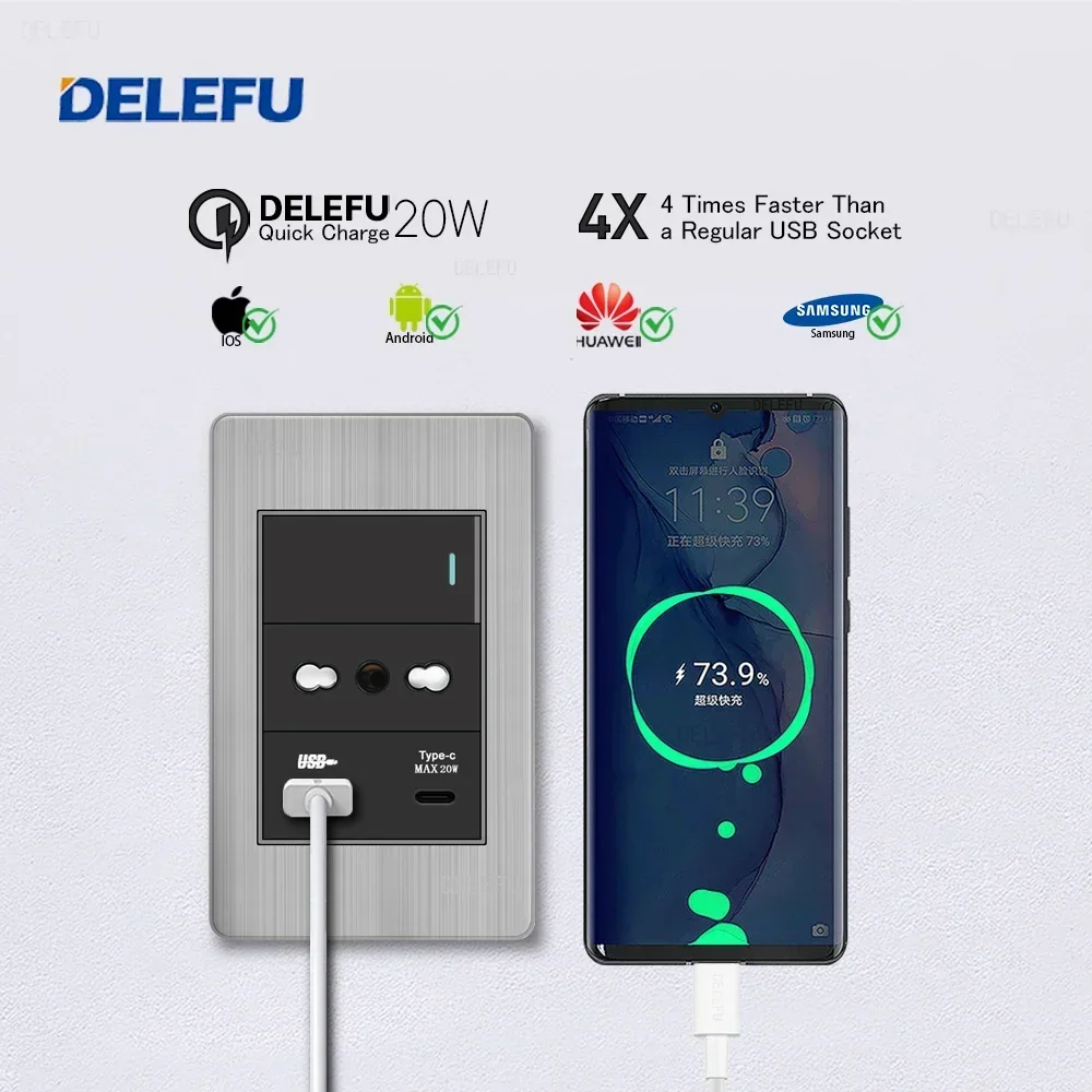 DELEFU-Prise murale USB Type C en acier inoxydable noir, prise standard UE, interrupteur d'éclairage, charge rapide, touristes, Corée, 118mm x 72mm