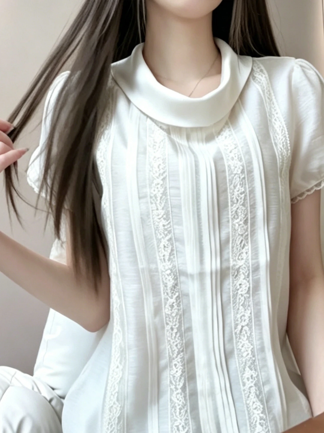 

French Style Spliced Lace Heavy Work Shirt Women's Summer Top Breathable Cotton Lyocell Blend Short Sleeve round Neck Casual