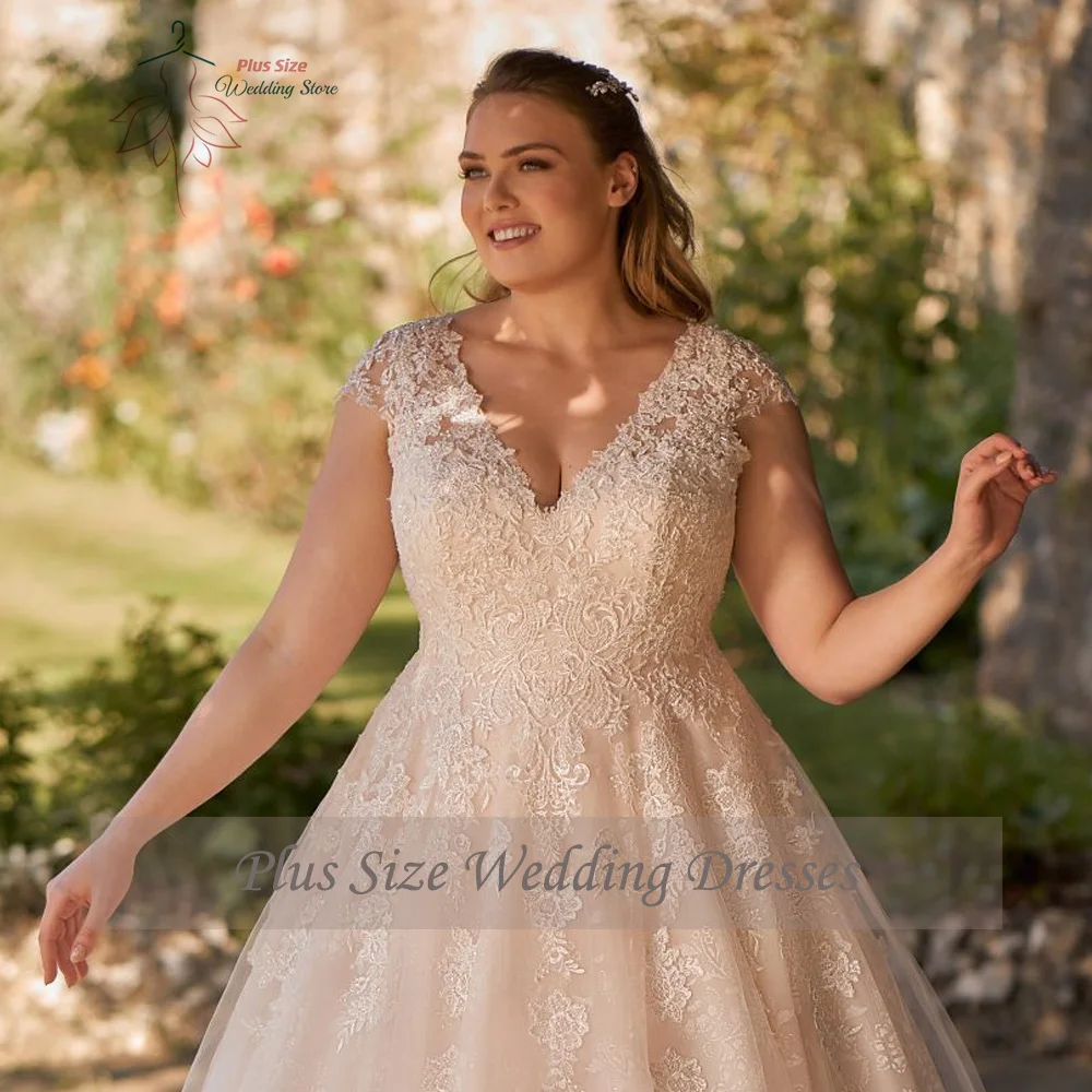 Vestidos de casamento clássicos plus size com decote em v sem mangas vestidos de noiva apliques de volta rendas até trem varredura tule a linha robe de mariée
