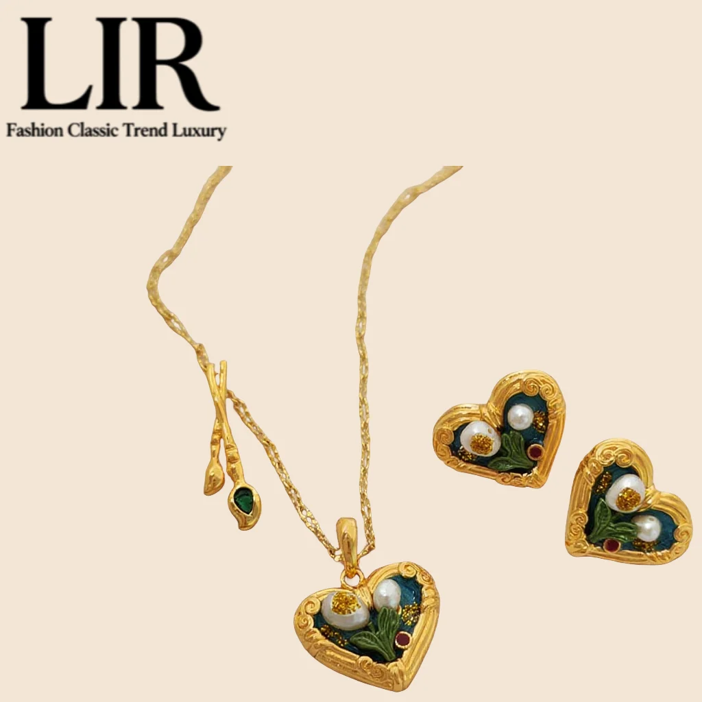 

LIR 2025 Ретро Масло - Картина - Стильный комплект украшений: ожерелье и серьги в форме сердца, молодежный и живой вид