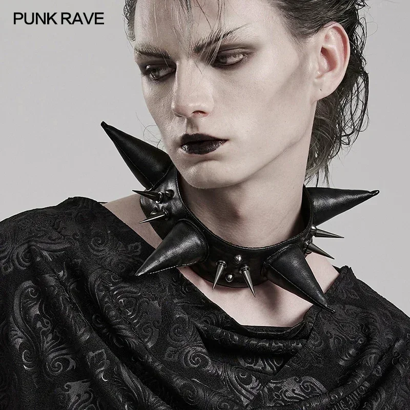 PUNK RAVE Men's Punk Cracked Leather Pointed Choker Party Club Personalized Fashion Man Accessories Chokers Necklaces