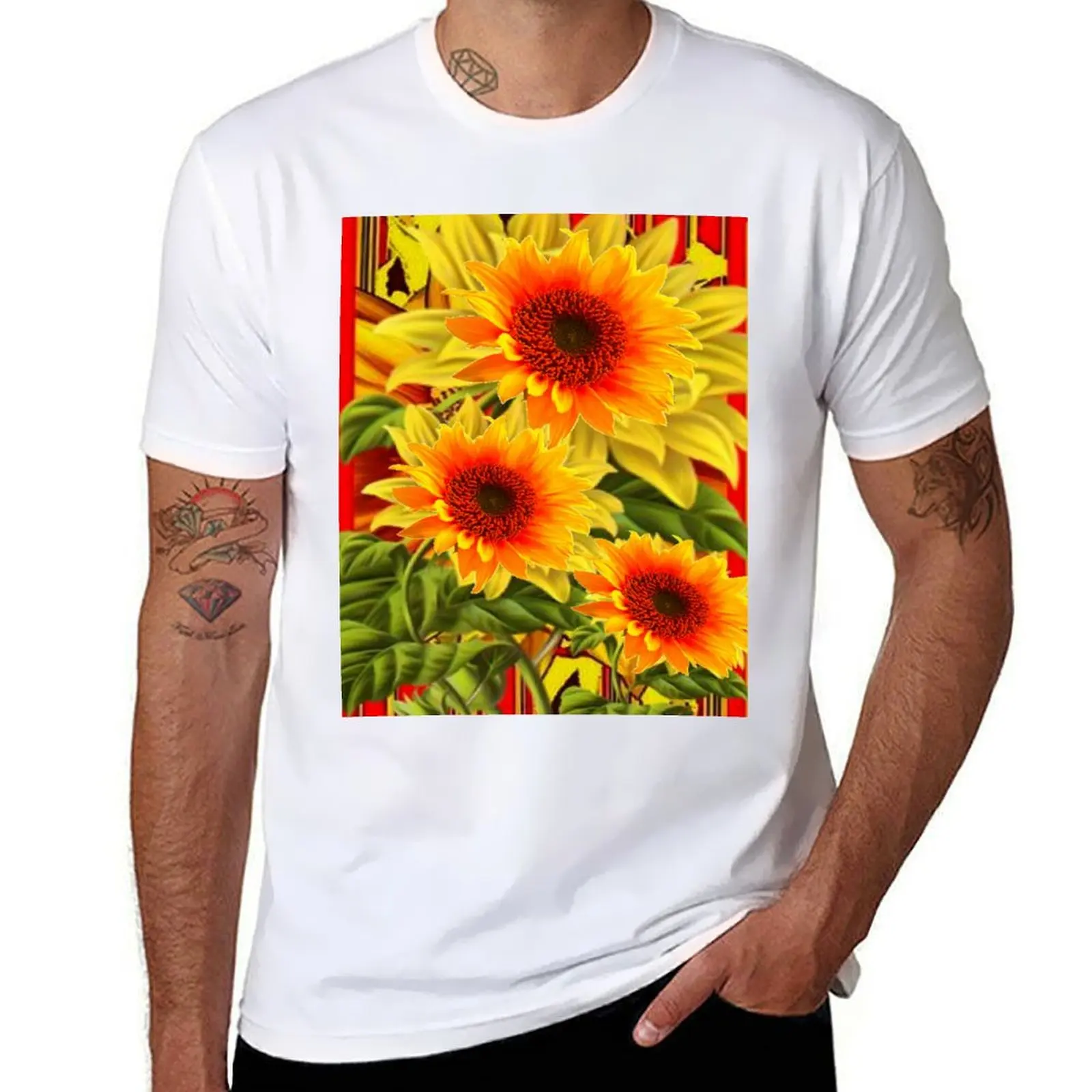 

SUNFLOWERS ON shirt ABSTRACT ART cotton cotton man YELLOW t THREE man t print for T-Shirt PATTERN shirts t custom pack RED shirt