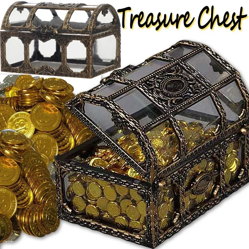 Vintage Pirate Gold Coin Box Retro Transparent Pirate Treasure Chest Crystal Gem Jewelry Case Storage Organizer Trinket Keepsake