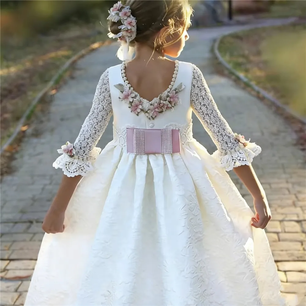 

Customized vestido de communion Dress Embroidered Lace-Sleeve Flower Girl Wedding Dress Flowers with Bow Girls Birthday Dress