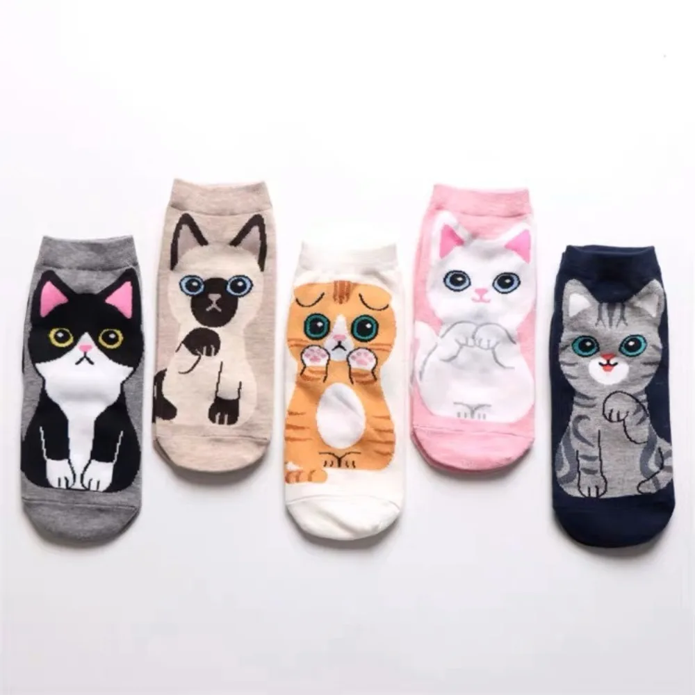 5 Pasang/Set Kaus Kaki Wanita Kucing Lucu Kartun Fashion Kaus Kaki Pergelangan Kaki Kasual Sejuk Kawaii Sempurna untuk Kaus Kaki Perahu Sehari-hari