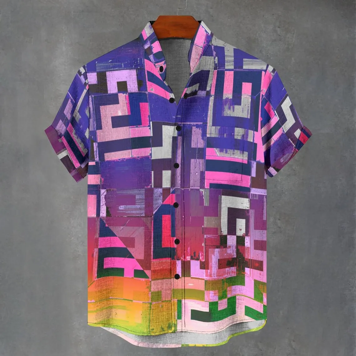 3D printed button linen button short sleeved shirt for men's party atmosphere, European and American style retro pattern shirt