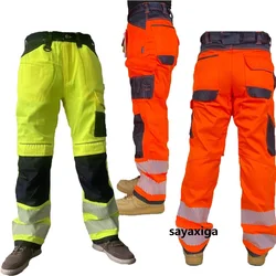 Pantaloni a righe riflettenti pantaloni da lavoro in cotone Multi tasche per uomo pantaloni da lavoro fuoristrada pantaloni Cargo di sicurezza