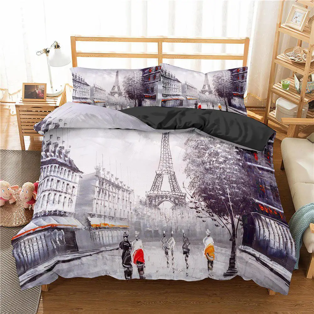 Eiffel Tower Bedding Set Queen Size Couple Valentine's Day Comforter Cover Set For Women Romantic Paris Duvet Cover Room Decor