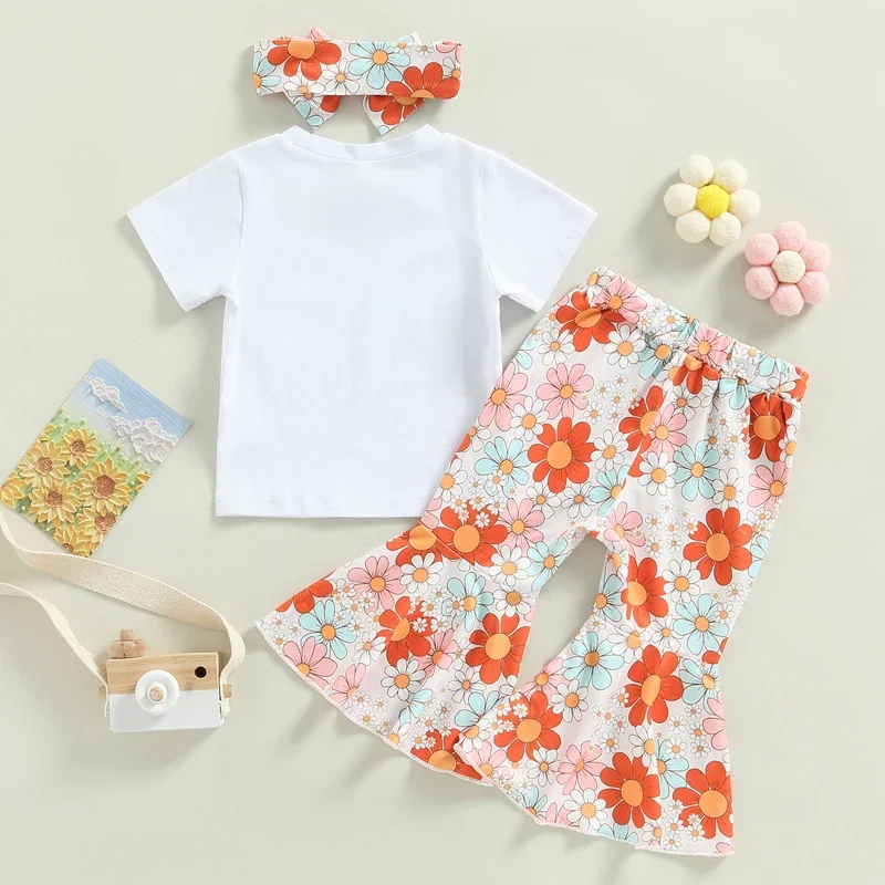 Toddler Baby Girl 2nd Birthday Outfit Two Groovy Short Sleeve Shirts Floral Flare Bell Bottom Pant Headband