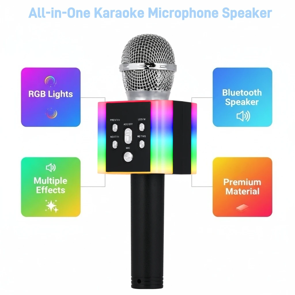 

Portable Wireless Karaoke Microphone Bluetooth Speaker, FM Radio, Support USB/TF Card Playback, Magic Sound Effects