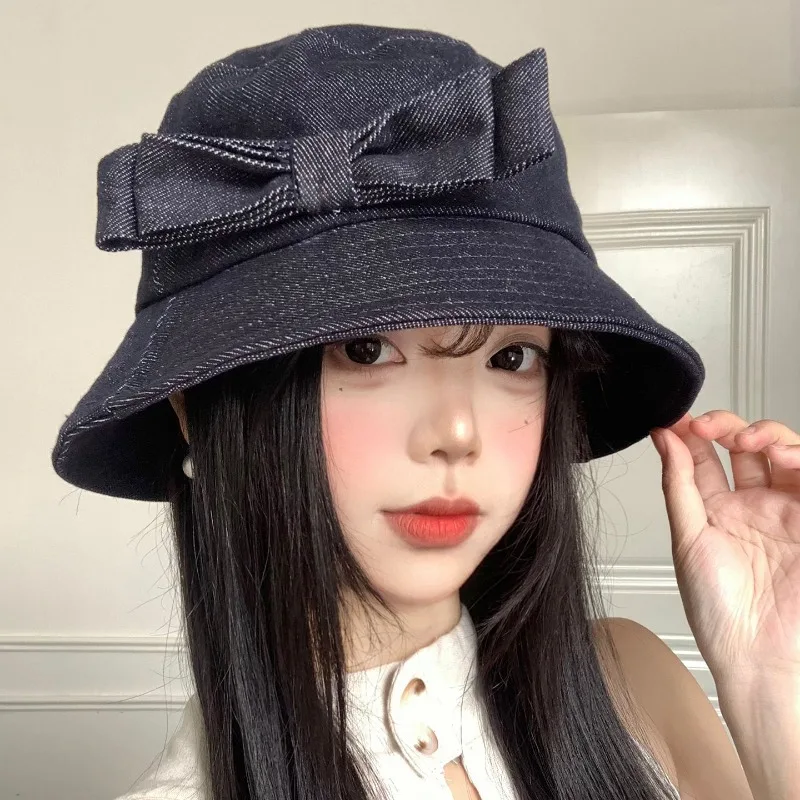 Korean Simple Bow Denim Bucket Hat Spring and Summer Street Fashion Big Head Temperament Sunshade Dome Sun Caps for Women