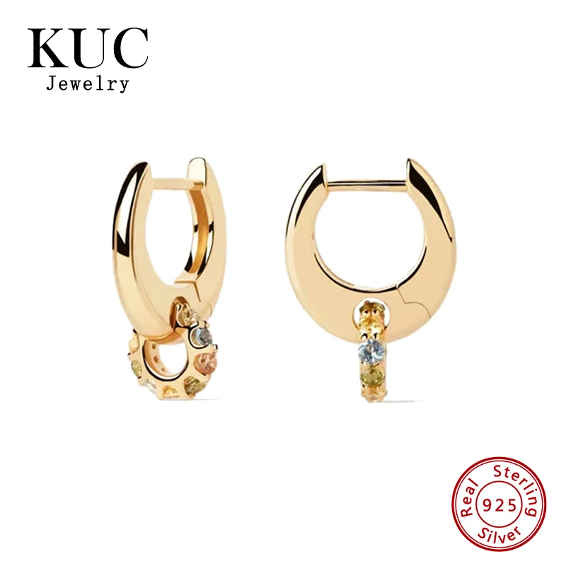 

18K Gold Plated Stylish Chic Plata 925 Sterling Silver Fine Jewelry Designer Rainbow Zircon Spin Hoop Earrings