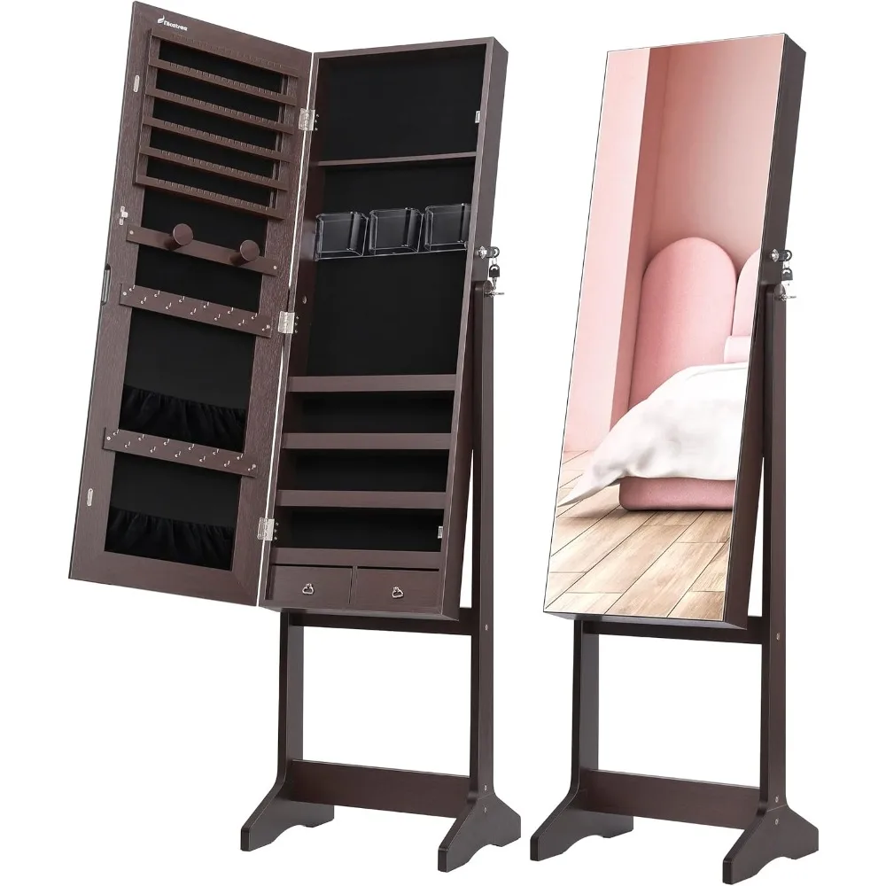 Jewelry Cabinet with Full-Length Mirror, Standing Lockable Jewelry Armoire Mirror Organizer, 3 Angel Adjustable