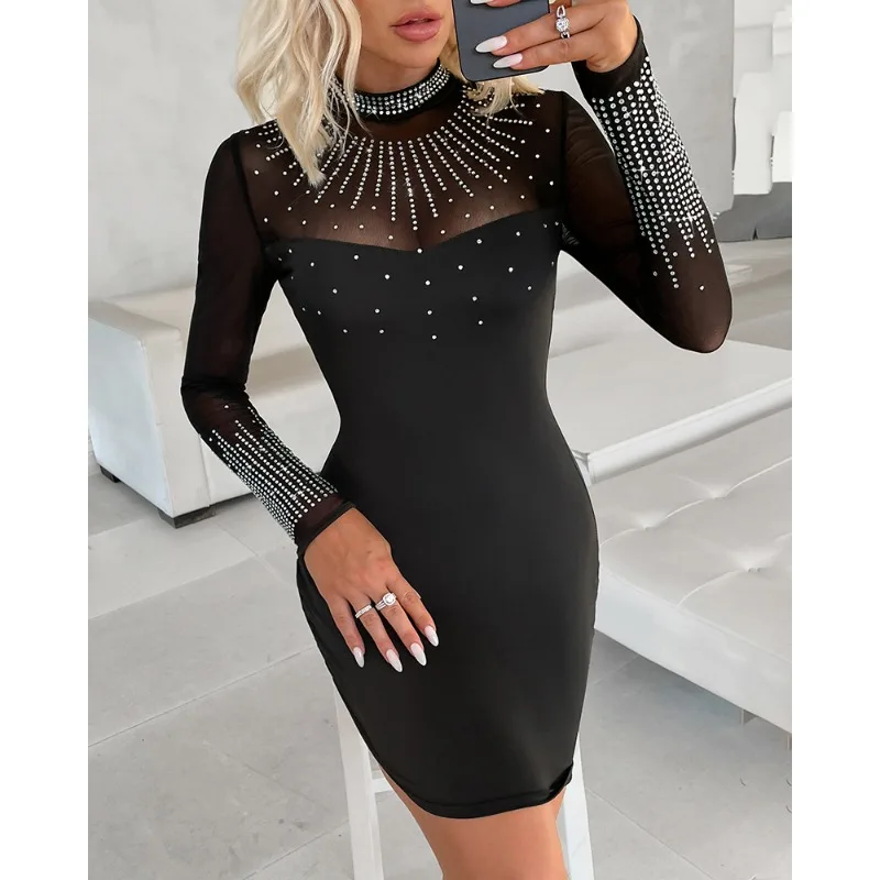 2024 Spring Summer New Women's Clothing Pure Color Mesh Rhinestone Stitching Long Sleeve Dress