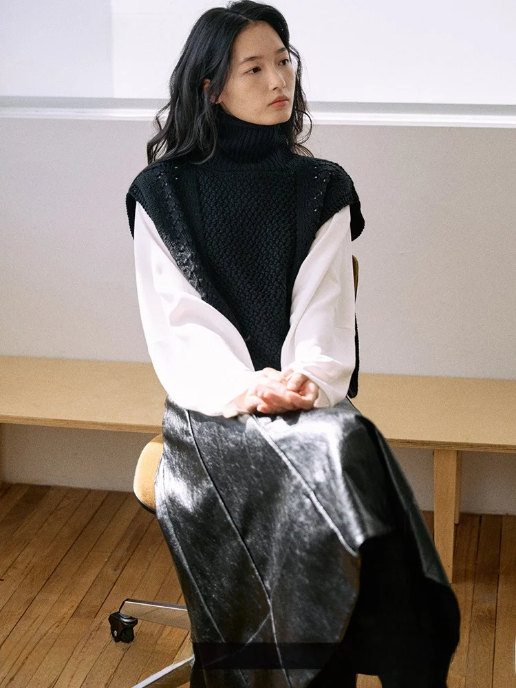 

Jicouture Woolen Knitted High Collar Vest Sweater Women's Winter Twist Flower Soft Cozy Svel Top Commute Sle Pure Color