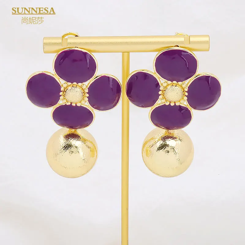 

SUNNESA Purple Flower Ball African Drop Earrings Fashion Design Luxury Dubai Jewelry Italian 18k Gold Plated Earrings for Women