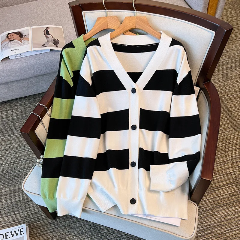 170Kg Plus Size Women's Bust 160 Spring Autumn Loose V-Neck Striped Cardigan Sweater Knitted Jacket 4XL 5XL 6XL 7XL 8XL 9XL