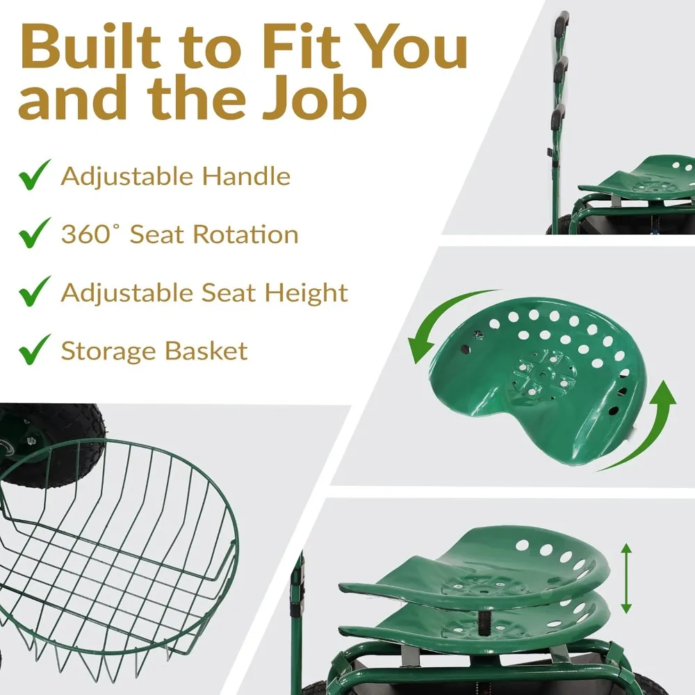 مقعد حديقة دوار بمقبض قابل للتمديد ودوران - مقعد بستنة خارجي محمول على عجلات - أخضر