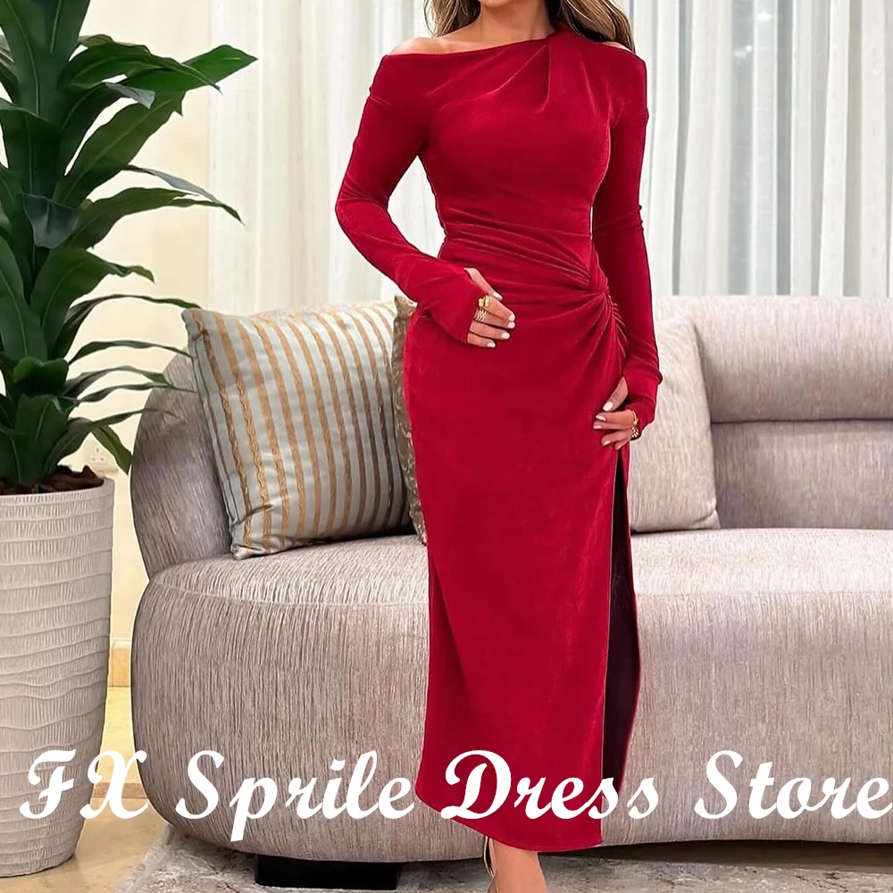 CustomizedSolid Color Velvet Modern Side Slit Off the Shoulder Evening Dresses  Long Sleeves Boat Neck Ankle Length Straight Sau