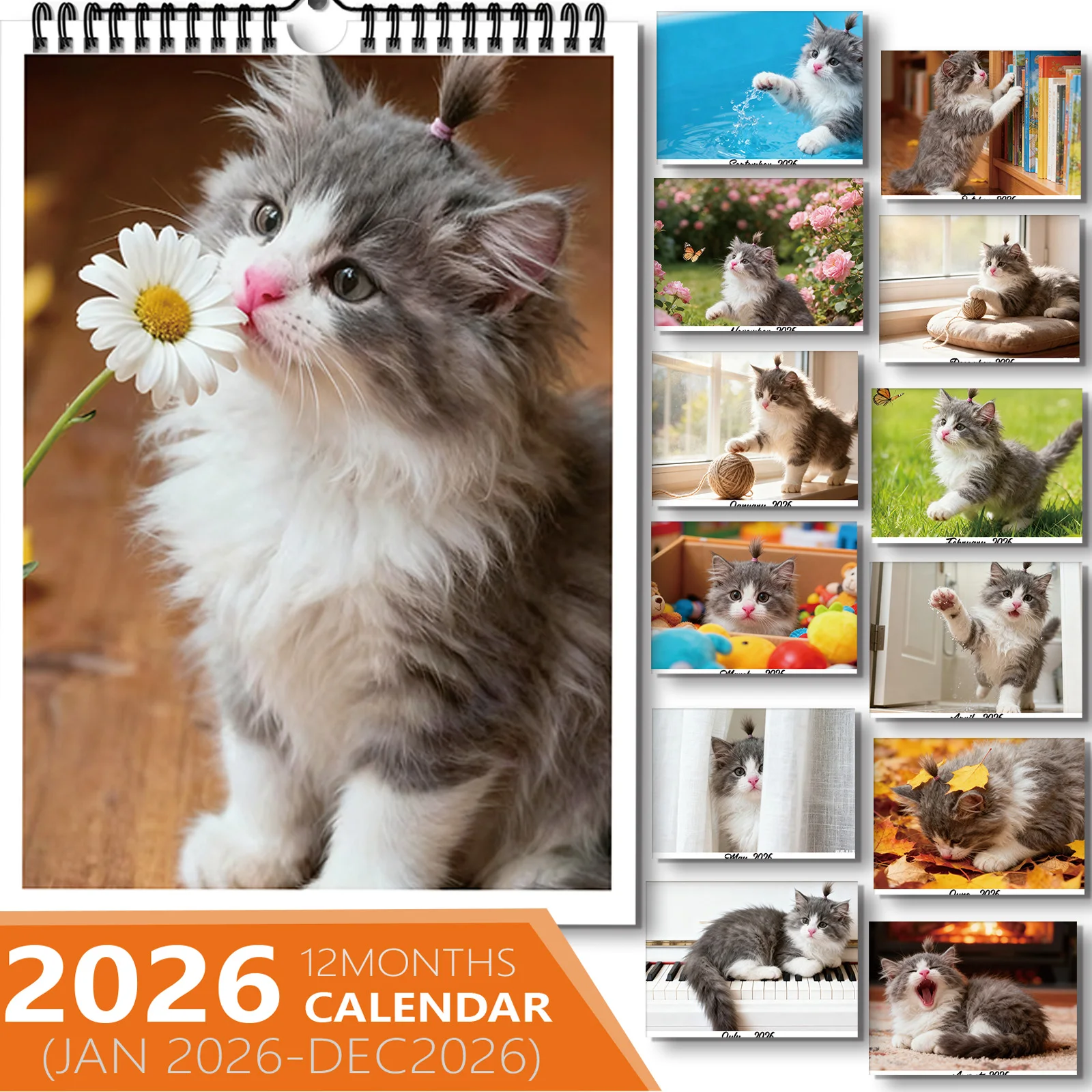 

1PC Adorable Kitten Calendar With Daisy,Suitable For Home Living Room Bedroom Decor, Ideal For Cat Lovers, Perfect New Year Gift