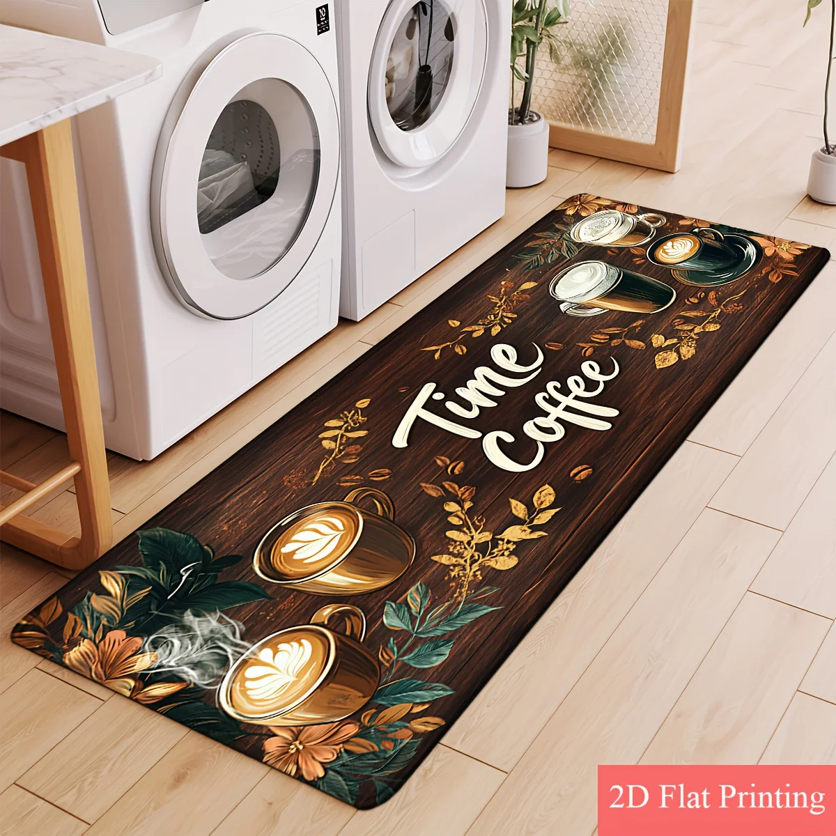 

Warm Coffee Time Runner Rug, Non-Slip Washable Floor Mat with Latte Art Print for Bedroom, Living Room, Bathroom Area