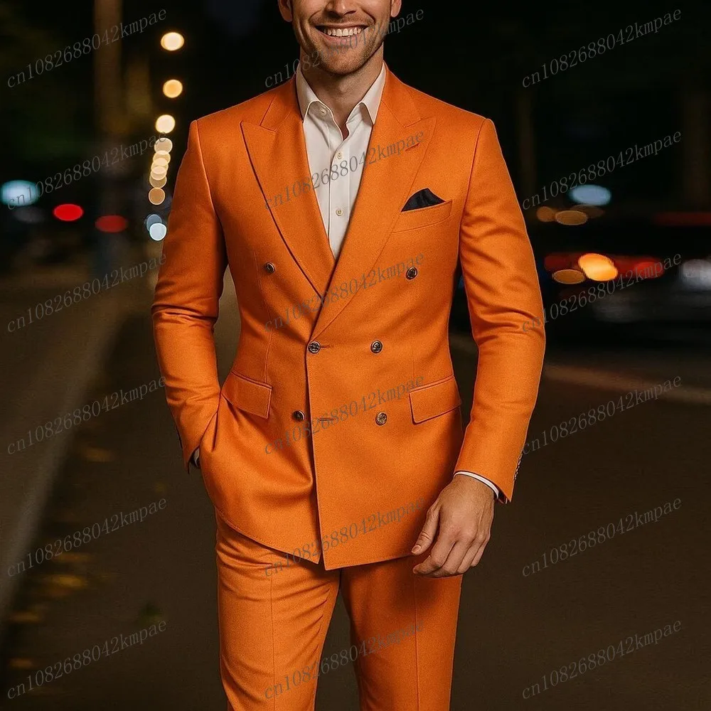 

New Fashion Formal Orange Men Business Suit Groom Groomsman Wedding Party Prom Male Tuxedos 2 Piece Set Blazer Pants