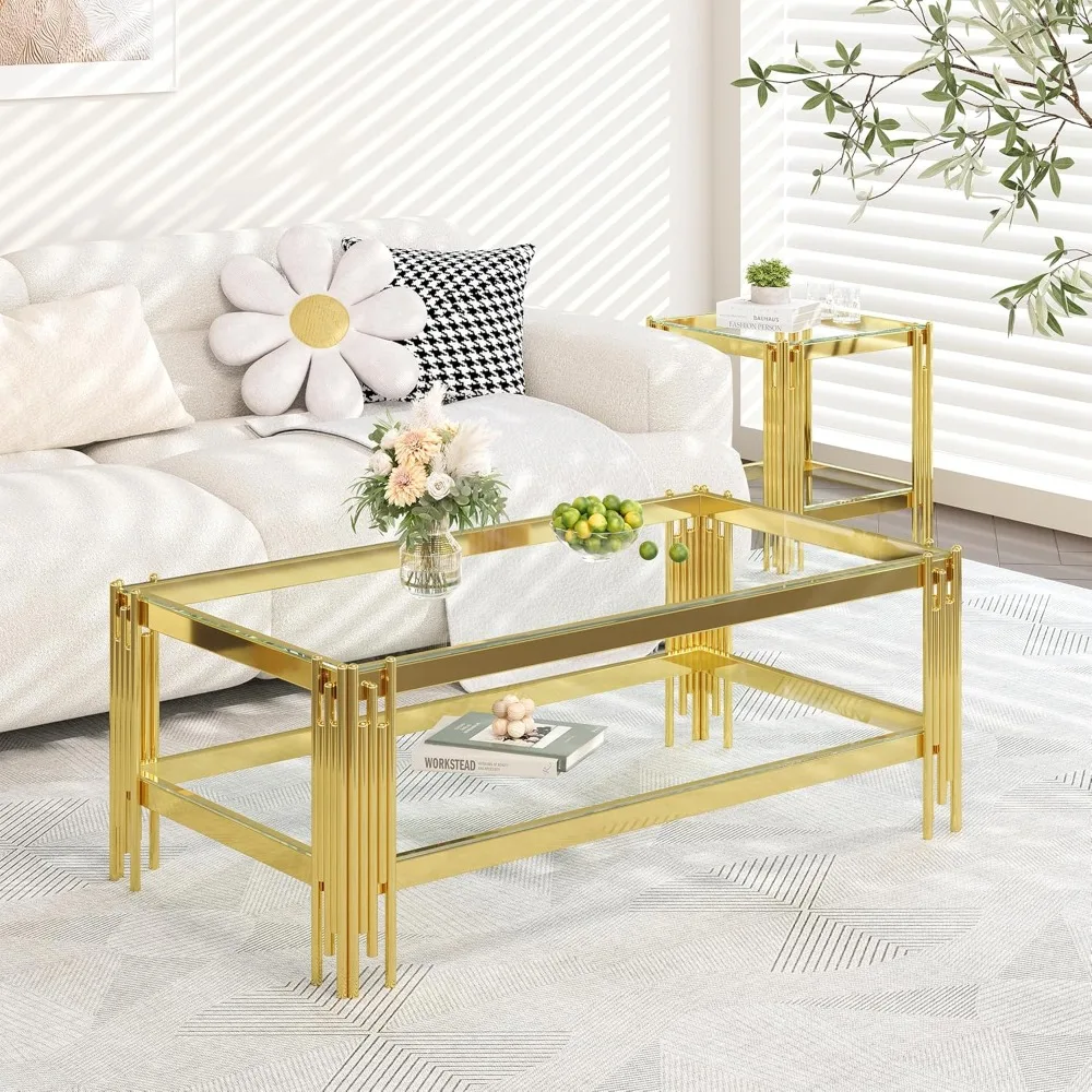 

48 Clear Glass Coffee Table, 2-Tier Gold Stainless Steel Center Table with Storage for Modern Living