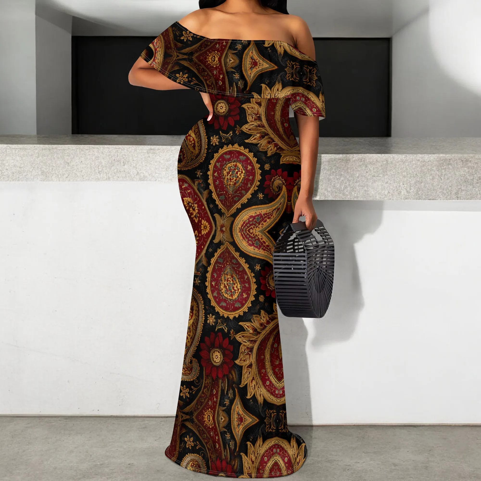 

Elegant Paisley Off-Shoulder Maxi Dress - S-3XL | Perfect for Evening Events, Formal Gatherings & Date Nights