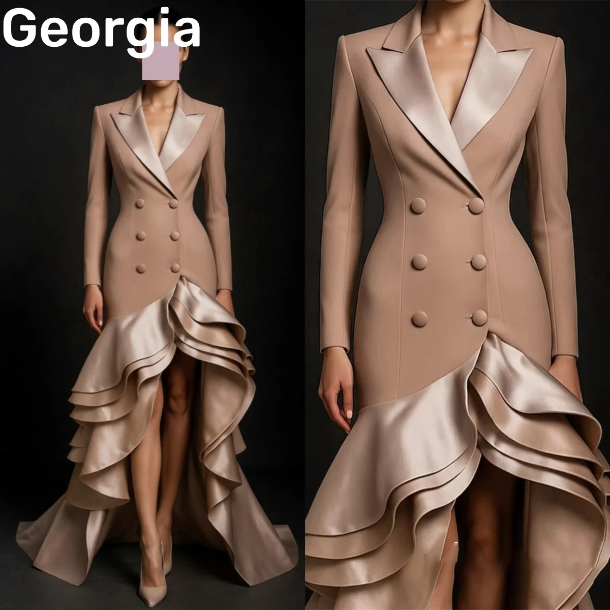 

Formal Occasion Dresses Customize A-Line V-Neck Floor-Length Ruffle Luxury Evening Dresses Zipper Up Long Sleeves Vestidos De Fi