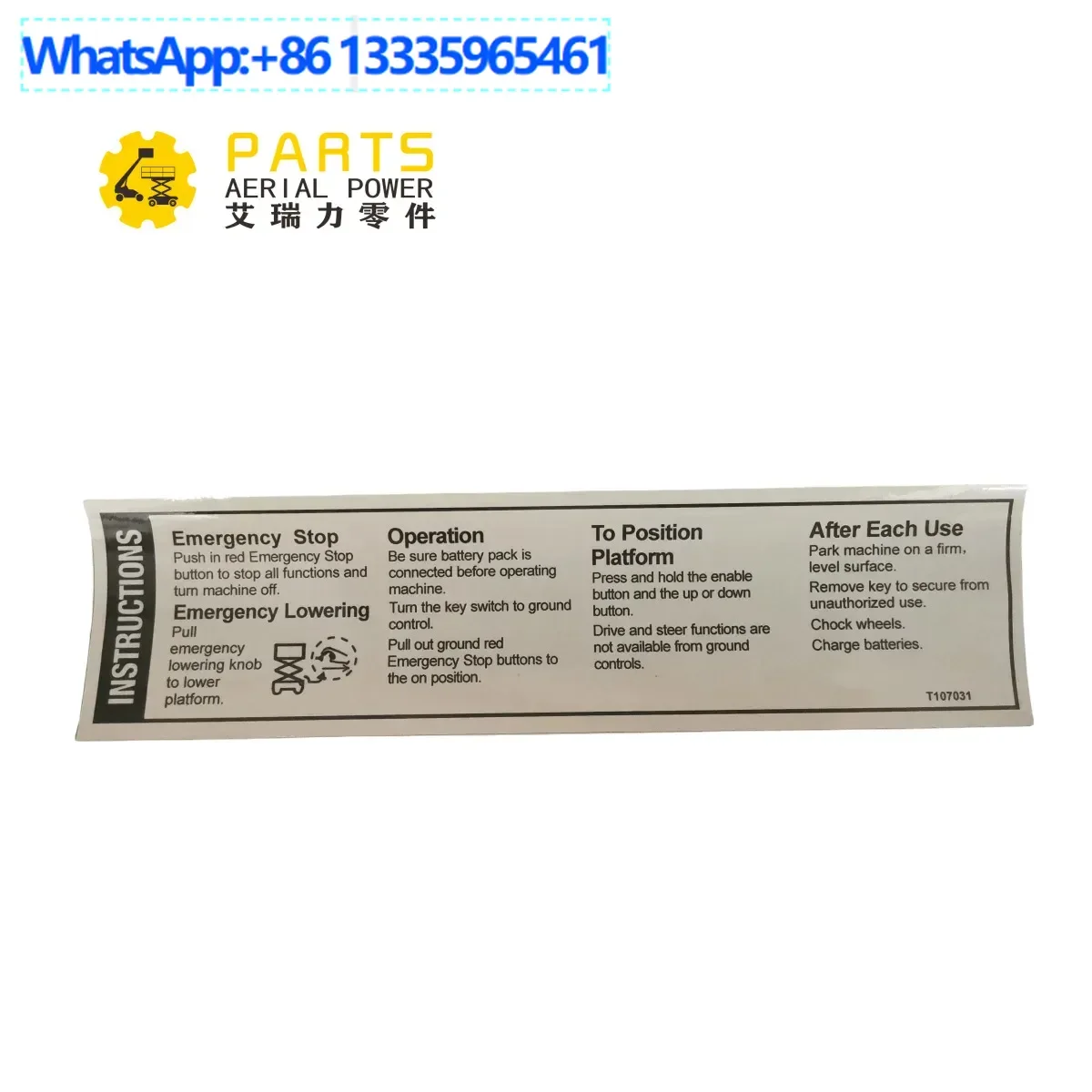 

T107031 Genie Lift GS1530 GS1532 GS1930 GS1392 GS2032 GS2046