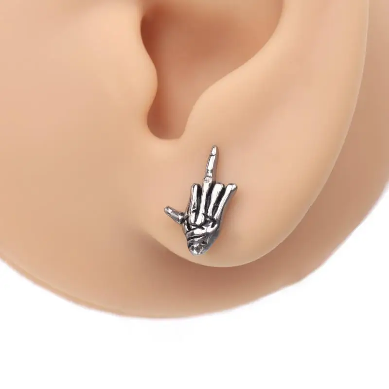 Punk Skull Middle Finger Stud Earring, Dark Gothic Flipping Off Earring, Edgy Cartilage Piercing Jewelry