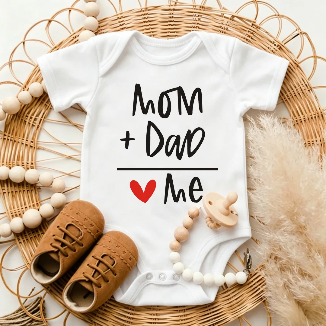 Funny Newborn Baby Rompers Mom+ Dad=Me Heart Print Cotton Baby Boy Girl Short Sleeve Bodysuits Infant Jumpsuits Clothes