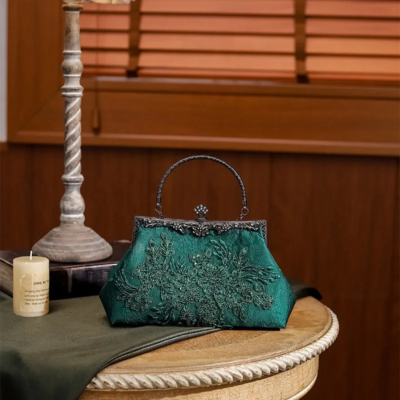 Bolsos de noche de estilo chino verde profundo Vintage para mujer, bolsos de mano con asa negra, bolso de mano con lentejuelas bordadas con flores