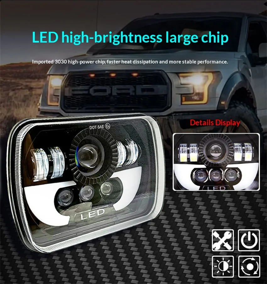 7inch 7x6 5X7' Hi-Low Beam H4 Led Light For Jeep Wrangler Toyota Nissan Ford Off Road Square Headlight Assembly Turn Signal DRL