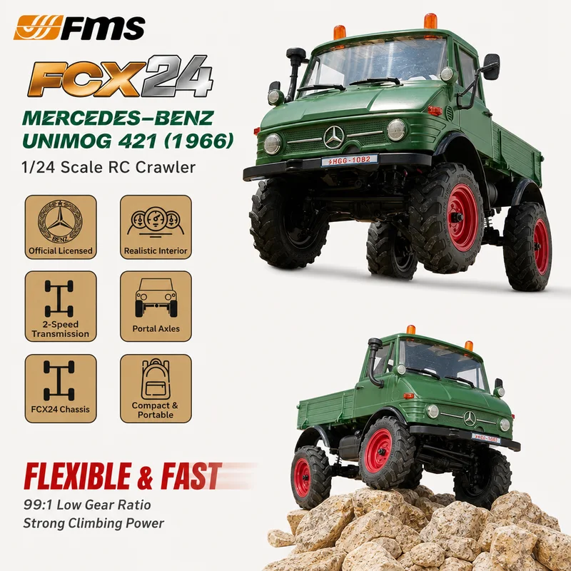 FMS Fcx24 Unimog 421 1966 1/24 Rc Crawler 4wd Off‑Road Truck Two‑Speed Transmission Officially Licensed Simulation Rc  Model