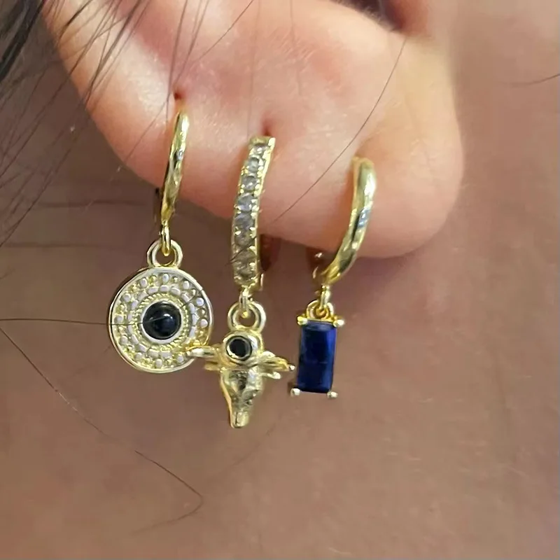 Geometric Moon Eye Waterdrop Pendant Earrings for Women Blue/Black Cubic Zircon Animal Series Huggie Ear Ring Party Jewelry Gift