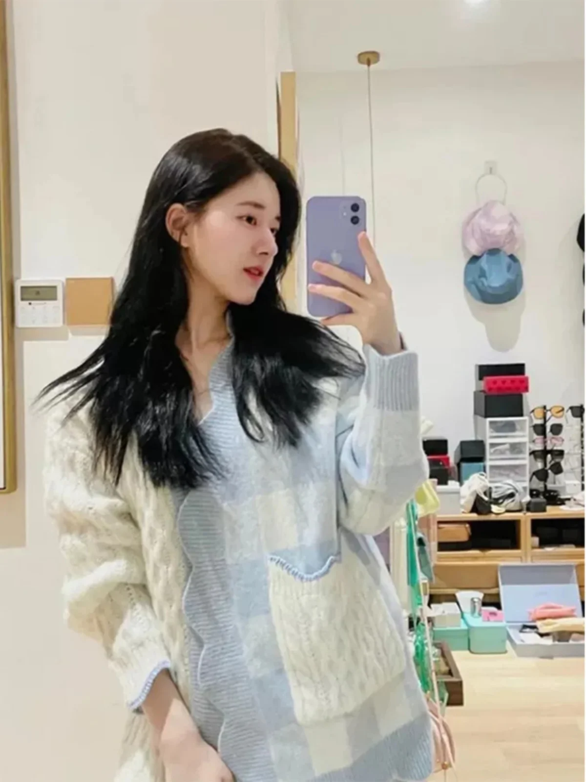 Blue Spliced Color Cardigan Sweater For Women Autumn Winter Knitted  Sweet Top Japanese Style Female Pink Mid-Length Wear Coat