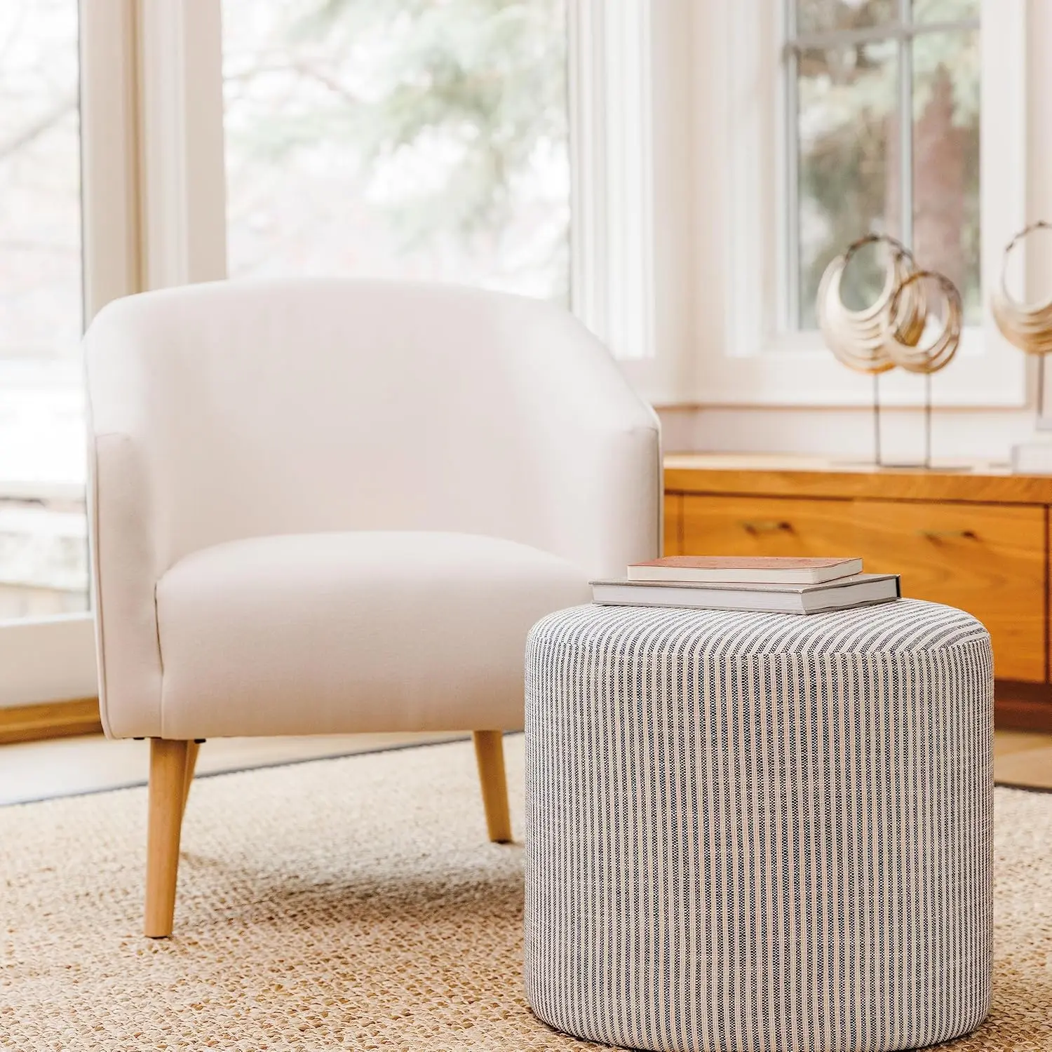 19-Inch Wide Round Pouf Ottoman Footstool, Blue and White Stripe Fabric