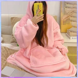 Winter Kimono Robe Women's Pajamas Hoodies Sweatshirt Women Men Warm Pullover Fleece Nightgown Oversized Blanket Long Sleeve Top