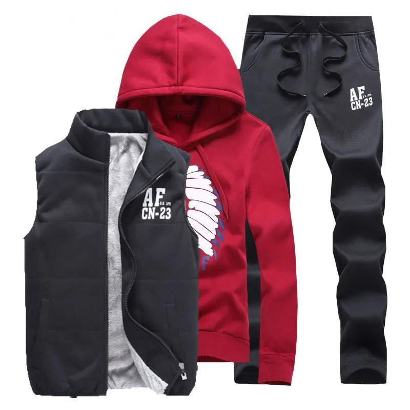 Thickened Couple-style Suit for Men. Youth Version of Korean-style Hooded Sports Jacket with Three-piece Set. Trendy.
