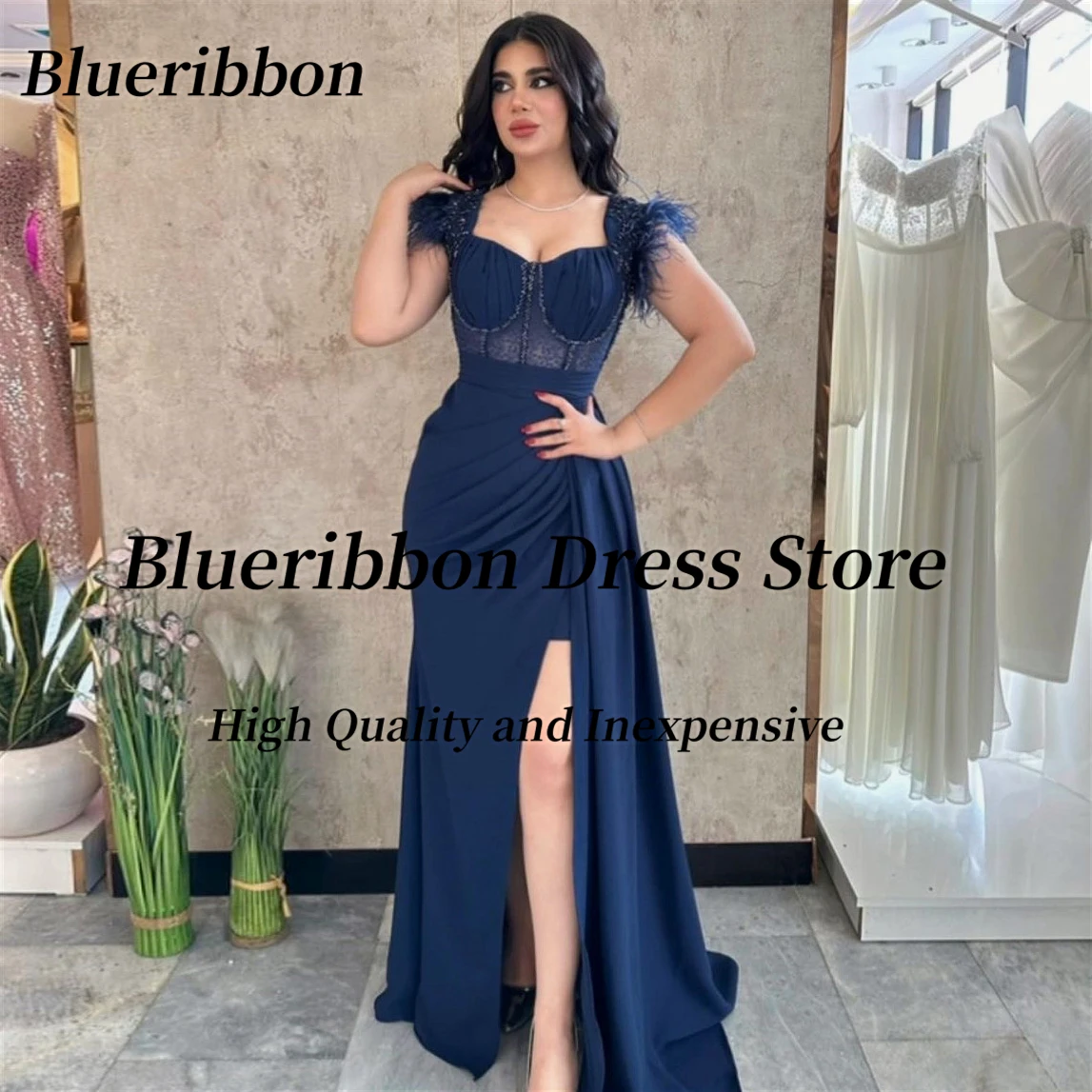 

Blueribbon Feathers Off Shoulder Prom Dreses Beaded Ruched Side Slit Evening Party Dress Zipper Back Vestidos De Gala Mujer