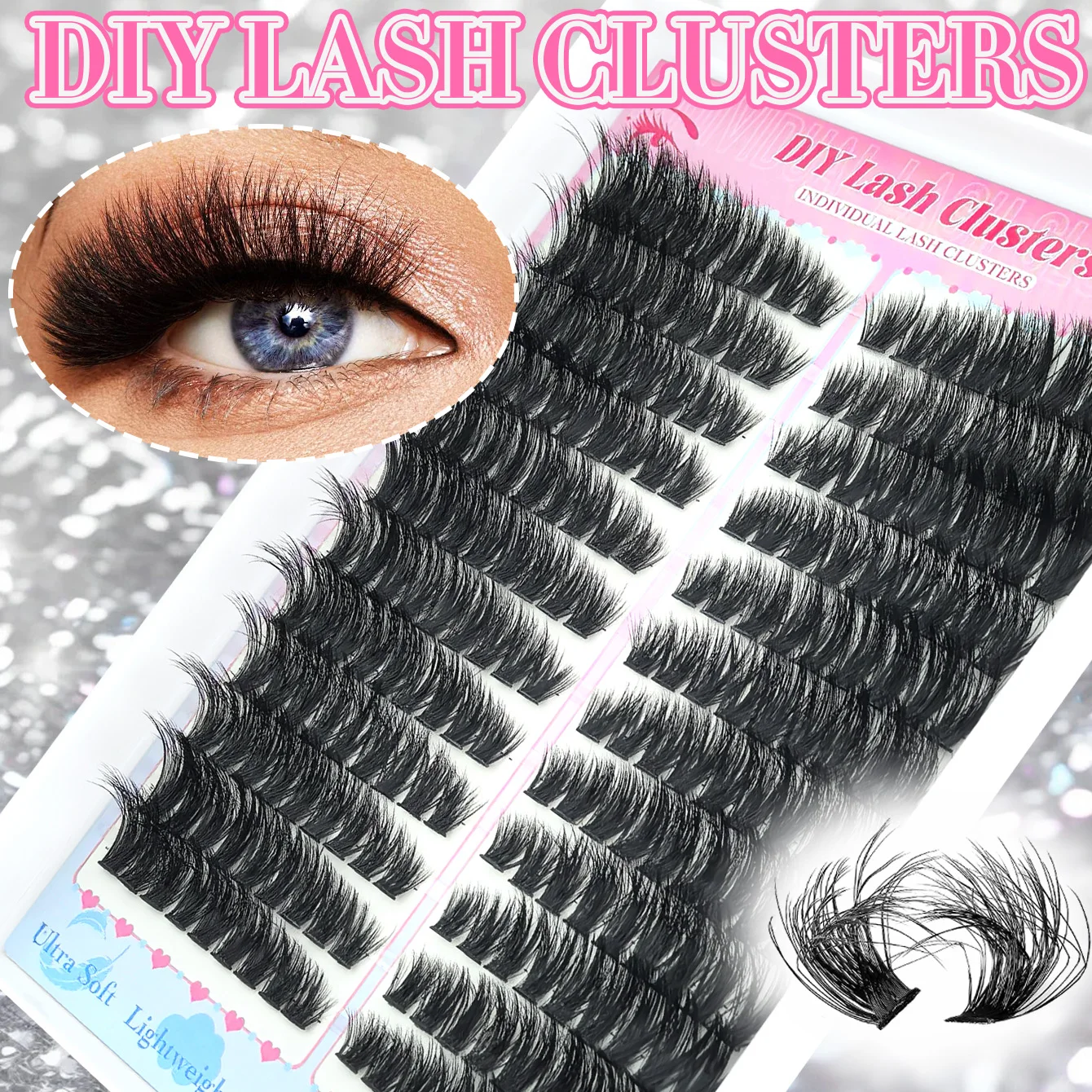Individual Eyelash Extensions in C D Curl Clusters, Long and Extra Thick, Voluminous Style for DIY eyelash Extension