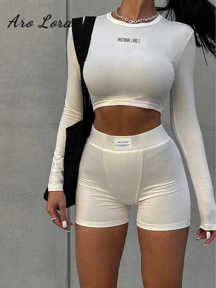 White Letter Print 2 Two Piece Sets Tracksuit Women Matching Set 2022 Black Knitted O Neck Long Sleeve Slim Tops and Shorts Set