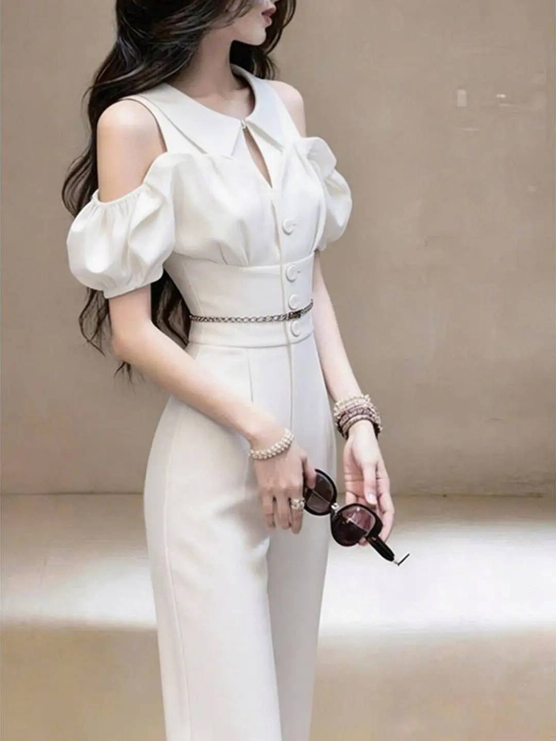 White Bubble Sleeve Jumpsuit Women's New 2026 Summer Elegant Goddess Style Formal Occasion Beautiful One-Piece Pantsuit